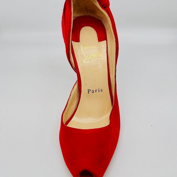 Christian Louboutin Barbara 100 Red Suede Peep Toe Bow Heels | Size 6 - Picture 3 of 5